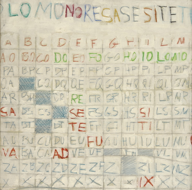 Totolettera, Gastone Novelli, 1962, tecnica mista su tela, 50 x 50 cm, collezione privata, Archivio Gastone Novelli, Roma