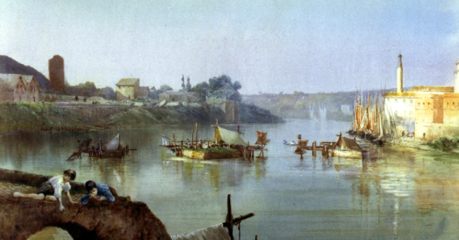 Giornelli di pescatori sugli avanzi del Ponte Sublicio presso la Ripa Romea o porto di Ripagrande