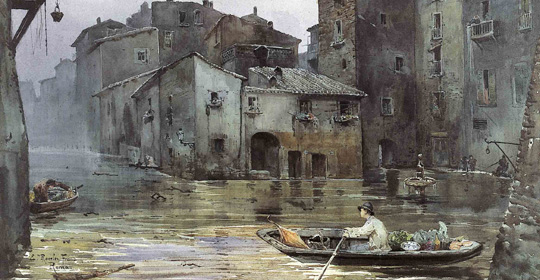 Ettore Roesler Franz  (Roma 1845- 1907), La via Fiumara, nel Ghetto, inondata, acquerello