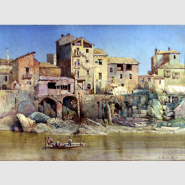 Ettore Roesler Franz, Dall'Isola Tiberina - Accesso dal Tevere ed avanzi della fortezza dei Pierleoni - Mura romane a destra, 1880