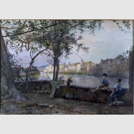 Ettore Roesler Franz, Terrazza presso il Porto Leonino - Aspetto della sponda sinistra fino al Ponte Sisto - a destra i giardini della Farnesina, 1884