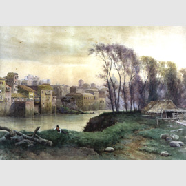 Ettore Roesler Franz, Dai prati di Castello - Continuazione delle vecchie case fino a S. Maria in Posterula - La cupola della chiesa di S. Salvatore in Lauro nel fondo,1887 Ettore Roesler Franz, Dai prati di Castello - Continuazione delle vecchie case fino a S. Maria in Posterula - La cupola della chiesa di S. Salvatore in Lauro nel fondo,1887