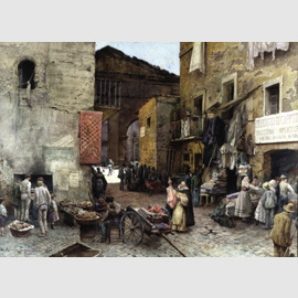 Ettore Roesler Franz, La via Rua, in fondo il Portico d'Ottavia, 1888