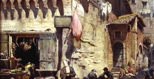 Ettore Roesler Franz, Gruppo di vecchie Case Mediovali alla Longaretta, angolo via della Luce , 1887, particolare