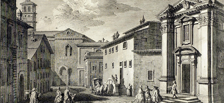 Giuseppe Vasi (1710 - 1782), Monastero e chiesa di S. Egidio in Trastevere delle suore Carmelitane, incisione