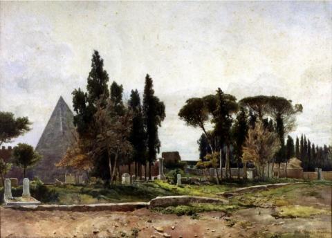 L’Antico Cemeterio Protestante, a sinistra la Piramide Sepolcrale di Caio Cestio, 1887 (Ettore Roesler Franz)