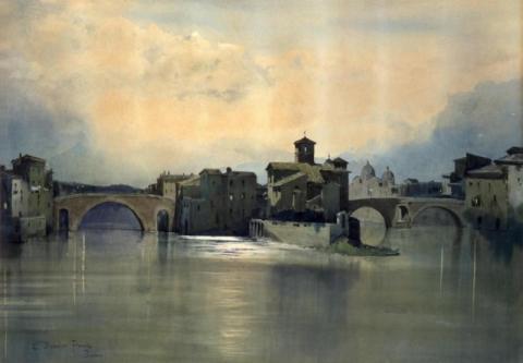 L’Isola Tiberina da levante coi ponti Cestio e Fabricio 1881 (Ettore Roesler Franz)