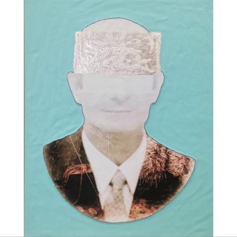 P.A. Orecchioni. Questo è il mio corpo, 2024. Stampa fotografica su tela, smalto, acrilico, foglia d’argento, ricamo