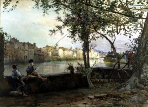 Terrazza presso il Porto Leonino – Aspetto della sponda sinistra fino al Ponte Sisto – A destra i giardini della Farnesina,1882 (Ettore Roesler Franz)