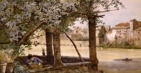 Ettore Roesler Franz (1845-1907), Terrazza presso il Ponte Sisto su mura romane, 1878 Ettore Roesler Franz (1845-1907), Terrazza presso il Ponte Sisto su mura romane, 1878