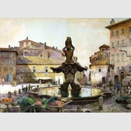 Ettore Roesler Franz  (Roma 1845-1907), Piazza Barberini - La Via del Tritone al fondo, Acquerello, mm 563x687, Roma, Data presunta: 1885 ca.