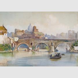 Ettore Roesler Franz  (Roma 1845-1907), Ponte Senatorio, detto Ponte Rotto. A destra la chiesa del Salvatore e ruderi presso i bagni di Donna Olimpia: (dalle sponde della Ripa Greca o via di Porta Leone), Acquerello, mm 550x775, Roma 1880