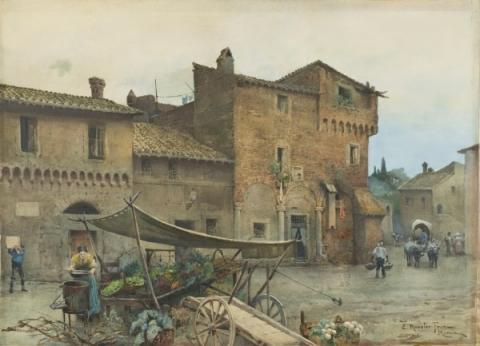 Ettore Roesler Franz, Case medievali sulla piazza di S. Cecilia, ante marzo 1881 - Acquerello su carta