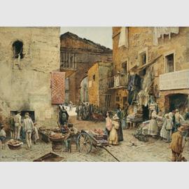 Ettore Roesler Franz  (Roma 1845-1907), La via Rua, in fondo il Portico d??Ottavia, Acquerello, mm 567x789, Roma 1888