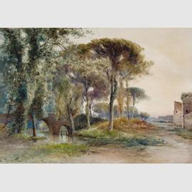 Ettore Roesler Franz (Roma 1845-1907), Nella Villa Ludovisi presso la porta Salaria, Acquerello, mm 565x789, Roma 1886